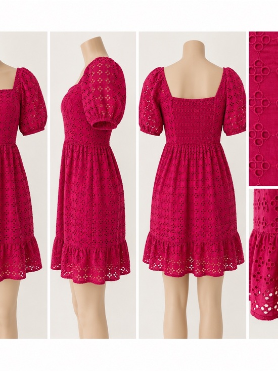 La Blanca Dresses & Skirts - La Blanca Fuchsia Eyelet Smocked Puff-Sleeve Mini Dress